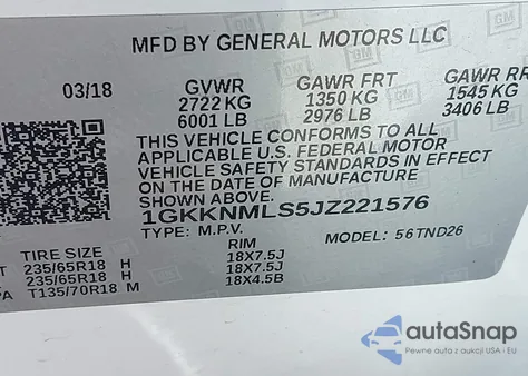 2018 GMC Acadia Slt-1 z USA, uszkodzony, nr VIN 1GKKNMLS5JZ221576